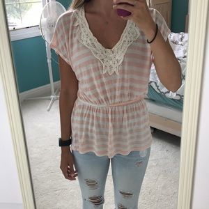 Stripe peplum top with lace